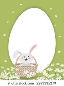 Easter card, cute rabbit in a wicker basket with eggs. Baby print, illustration, vector