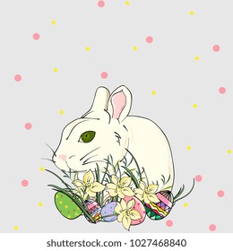 Easter card with cute rabbit  with yellow daffodils and colored eggs, hand drawing. Template for spring greeting cards