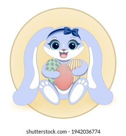 Easter card. Cute Easter rabbit. Yellow round background. Vector illustration.