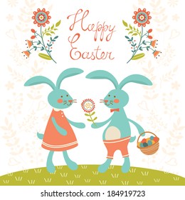 Easter card with cute rabbits