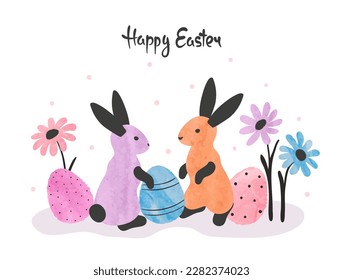 Easter card with cute rabbits. Vector poster with watercolor bunnies and eggs