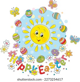 Easter card with a cute smiling sun surrounded by colorfully decorated gift eggs, spring flowers and merrily fluttering butterflies, vector cartoon illustration on a white background