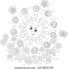 Tarjeta de Pascua con un lindo sol sonriente rodeado de huevos de regalo decorados festivamente, flores de primavera y mariposas alegremente flameadas, ilustración vectorial de contorno negro y blanco