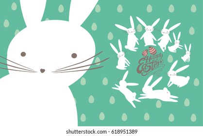 Easter card with cute white bunnies and handwritten inscription Happy Easter.