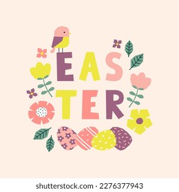 Easter card with cutout Easter elements and lettering text. Template for greeting card, invitation, poster, social media. Vector illustration