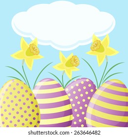 Easter card with daffodils and eggs. Colorful Vector illustration.