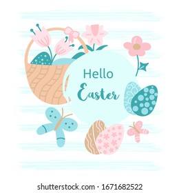Easter card decorated with easter eggs, basket, butterflies and flowers.