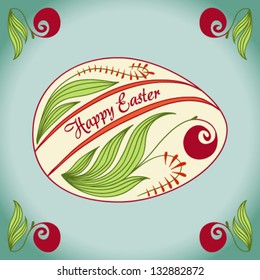 Easter card with decorated eggs and and flowers.