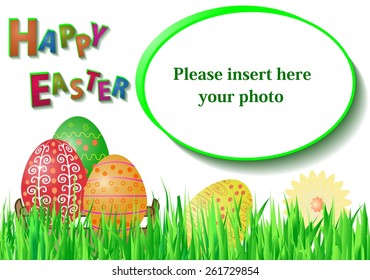 Easter card with decorated eggs, spring motif, with a frame for a photo