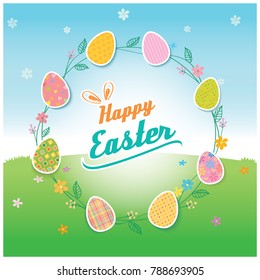 Easter card decorated with painted eggs and flowers around the wreath on nature background.
