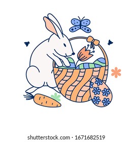 Tarjeta de Pascua decorada con conejo de Pascua, huevos, canasta, mariposas y flores.