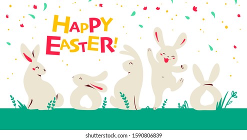 Easter card design with bunny characters sitting, jumping, smiling isolated on green grass. Typography greeting. For holiday cards, prints, banner design decor etc. Flat style, vector illustration.