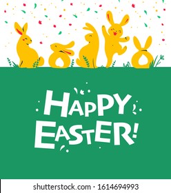 Easter card design with bunny characters sitting, jumping, smiling isolated on green grass. Typography greeting. For holiday cards, prints, banner design decor etc. Flat style, vector illustration.