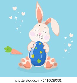 Diseño de tarjetas de Pascua con conejo, huevos, zanahorias y cita Feliz Pascua. Ilustración de vectores de existencias