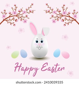 Easter card design with bunny, eggs, flowers and quote Happy Easter. Stock vector holiday illustration