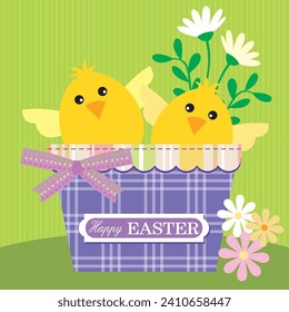 Easter card design with chicken and flower in the basket