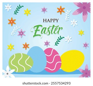 Easter card design featuring decorated eggs and cheerful flowers on a blue background, perfect for seasonal greetings and holiday celebrations. Flat vector modern illustration  