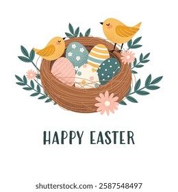 Easter card design with nest full of decorated eggs and cute birds. Spring flowers, holiday postcard. Flat vector illustration isolated on white background.