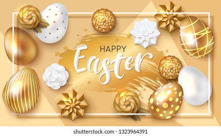 Easter card design with paper flowers, realistic gold eggs. Handwriting inscription.
