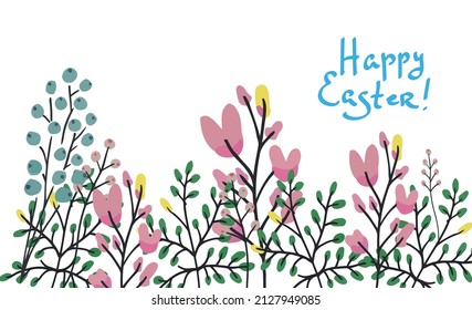 Easter card design. Rabbit with Easter Eggs, Rabbit with flower Basket. Spring Flowers, Easter Holiday card.