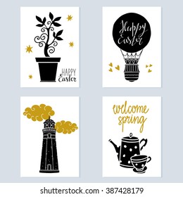 Easter card design set isolated, hot air balloon, hearts, potted houseplant, stars, lighthouse, clouds, cup, kettle isolated, calligraphic font