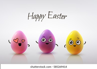 Easter card design. Set of realistic eggs on white background.  Smiling doodle characters. 3D. Vector illustration.