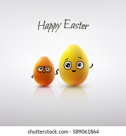 Easter card design. Set of realistic eggs on white background.  Smiling doodle characters. 3D. Vector illustration.