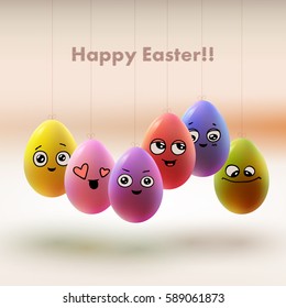 Easter card design. Set of realistic eggs on white background.  Smiling doodle characters. 3D. Vector illustration.