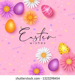 Easter card design with spring flowers and colorful egg