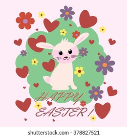 Easter card design, vector illustration. Funny card with cute bunny in cartoon style