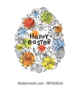 Easter card with doodle eggs, leaves and watercolor dots . Happy Easter Egg lettering on white background. Vector illustration EPS10