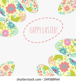 Easter card with doodle ornament eggs set. Copy space. Place for text