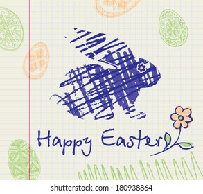 Easter card with drawn ink Bunny. Illustration drawn with ink in a notebook.