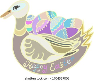 Easter card with duck and eggs. Freehand illustration in color. Happy easter.