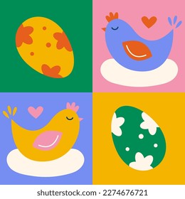 An Easter card with dyed eggs and brood hen on nest with eggs concept minimalist geometric style. Square simple shapes vector illustration. Perfect for a social media post,poster, cover or postcard.