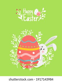 Easter card with egg in branches. Cartoon invitation to celebration, cute decoration elements of fun holiday, vector illustration of spring happiness on easter day