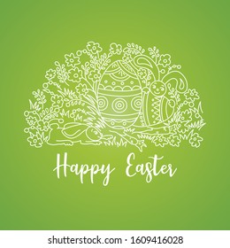 Easter card with egg and bunny in doodle style. Half circle banner in green background.