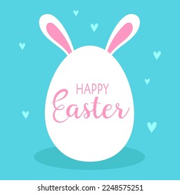 easter card with egg, bunny ears and lettering on hearts background, vector illustration in flat style, greeting poster