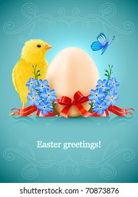 easter card with egg chicken and forget-me-not flowers. Vector illustration. Gradient mesh used