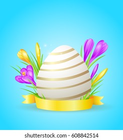 Easter card with egg and crocuses on a blue background
