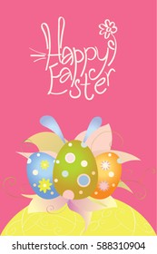 Easter card with egg, flowers and ears of a hare