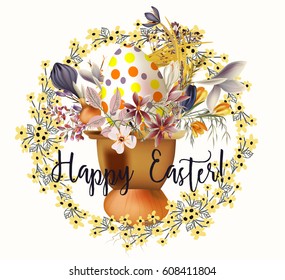 Easter card with egg and flowers in retro style