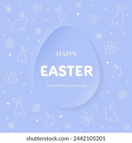 Easter card with egg, hand drawn bunnies and flowers. Abstract background in paper cut style. Vector illustration