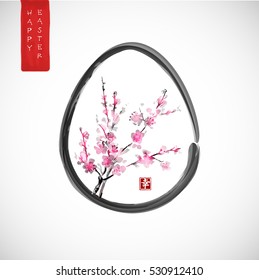 Easter card with egg and hand drawn in traditional Japanese style sumi-e. Symbol of protection, growth, new beginnings, resurrection.  Contains hieroglyph - happiness.