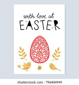 Easter card. Egg, leaves, birds isolated on white background. Handwritten text With love at Easter