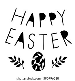 Easter card. Egg, leaves, branches hand drawn isolated on white background. Handwritten font Happy Easter