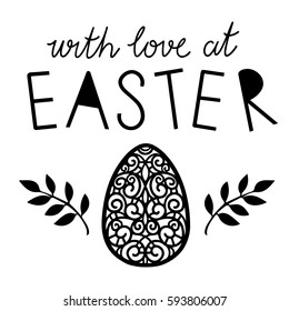 Easter card. Egg, leaves, branches hand drawn isolated on white background. Handwritten font