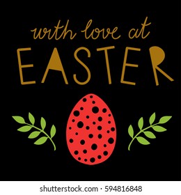 Easter card. Egg, leaves, branches hand drawn isolated on black background. Handwritten font