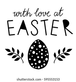 Easter card. Egg, leaves, branches hand drawn isolated on white background. Handwritten font