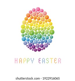 Tarjeta de Pascua con un huevo hecho de botones redondos multicolores, botones cosidos sobre un fondo blanco, texto de color bordado con una cruz, Feliz Pascua